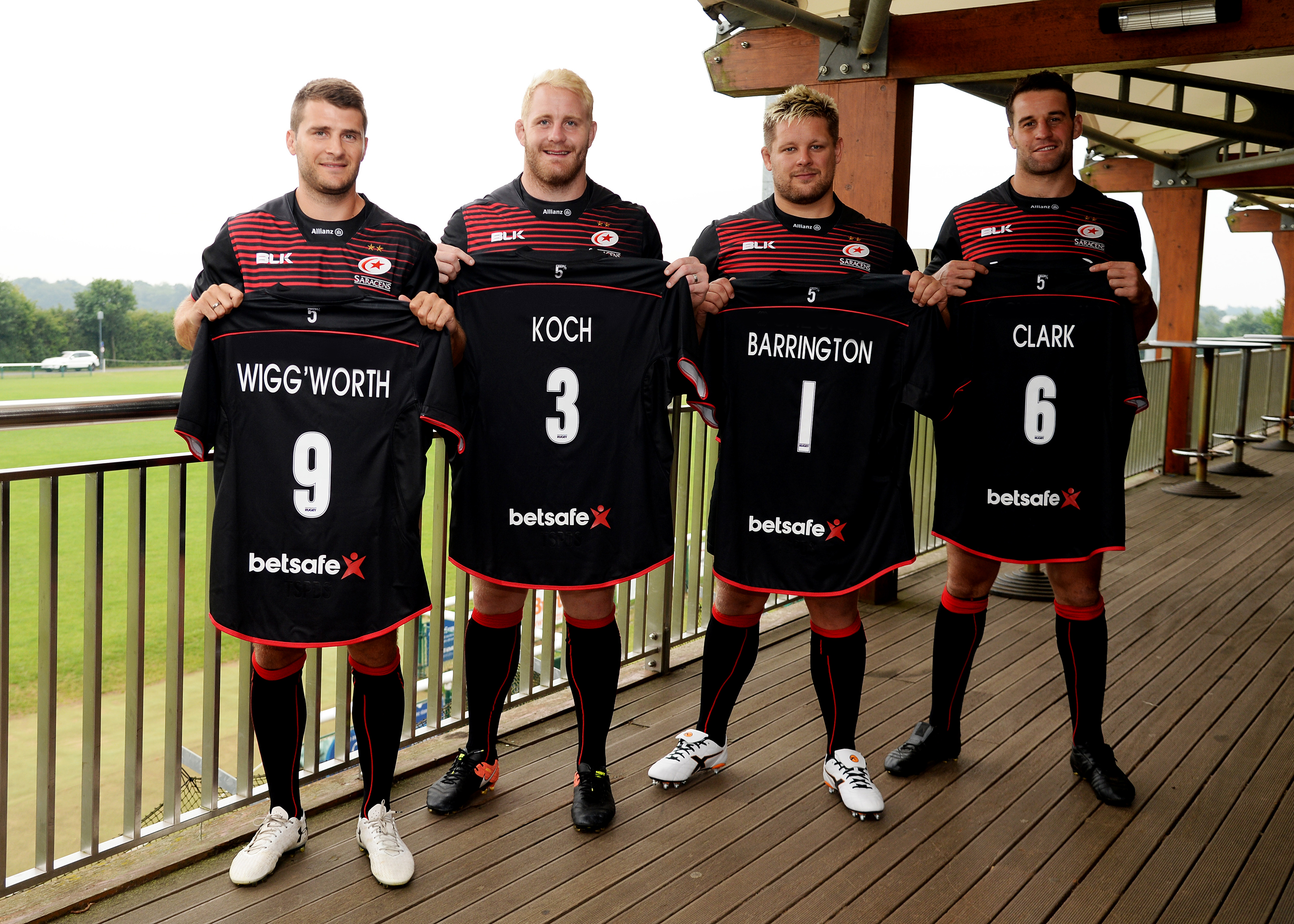 ST ALBANS, ENGLAND - JULY 19: Saracens players Richard Wigglesworth, Vincent Koch, Richard Barrington and Calum Clark sport the new Betsafe branded shirts on July 19, 2017 at their training ground, St Albans, England. (Photo by Eamonn M. McCormack/Getty Images for Betsafe) *** Local Caption *** Richard Wigglesworth, Vincent Koch, Richard Barrington, Calum Clark
