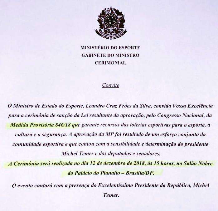A letter to Brazilian sports minister Leandro Cruz Froés da Silva confirming the ceremony