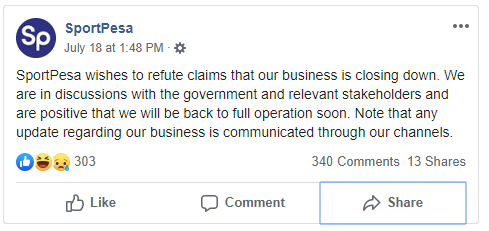 SportPesa took to Facebook to reassure players it would continue to operate in Kenya