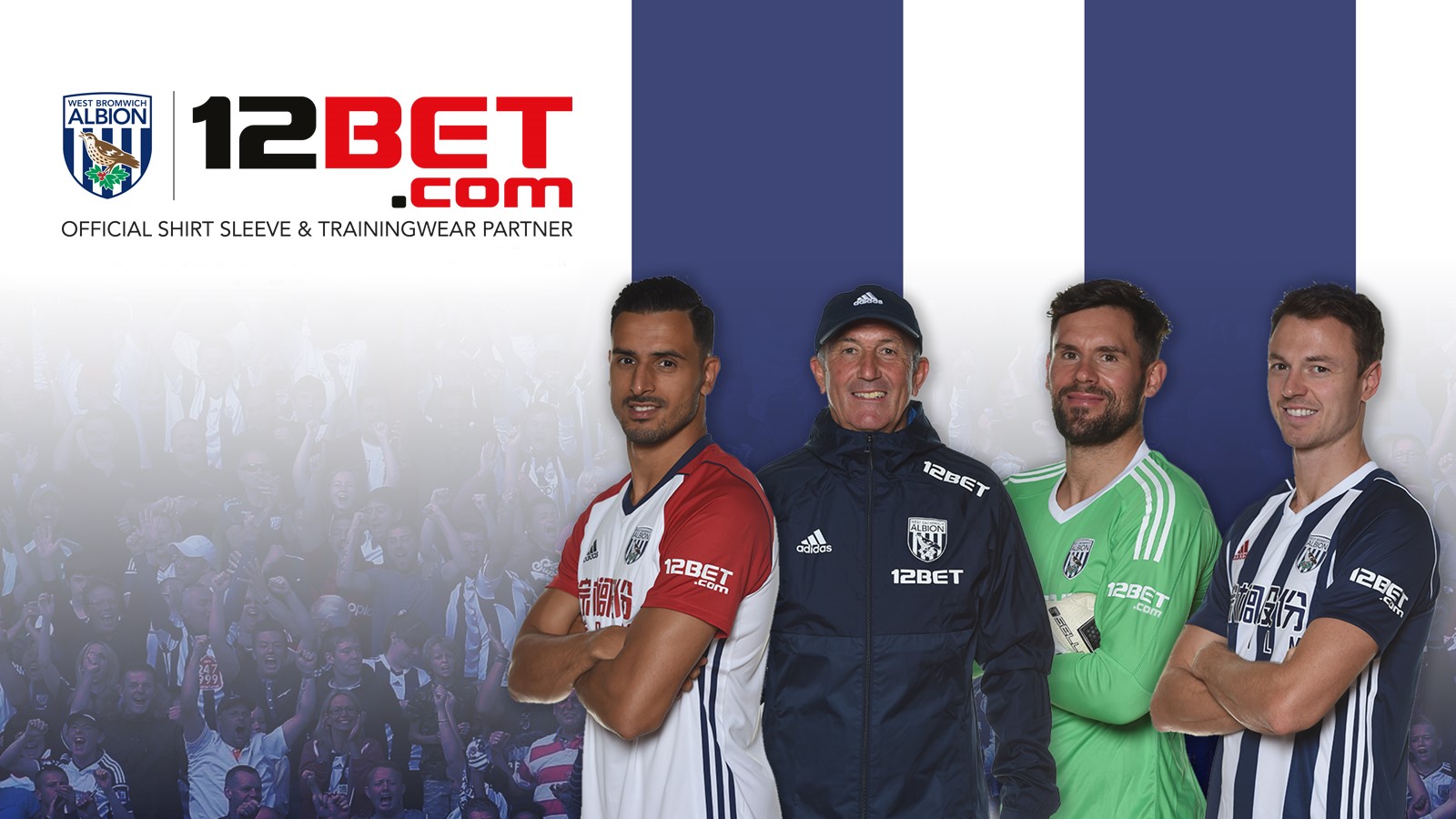 Nacer Chadli, Tony Pulis, Ben Foster and Jonny Evans pose for West Brom deal with 12BET