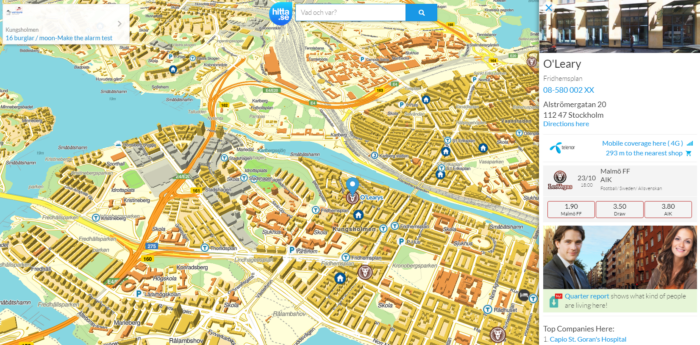 hitta.se map displays LeoVegas live odds