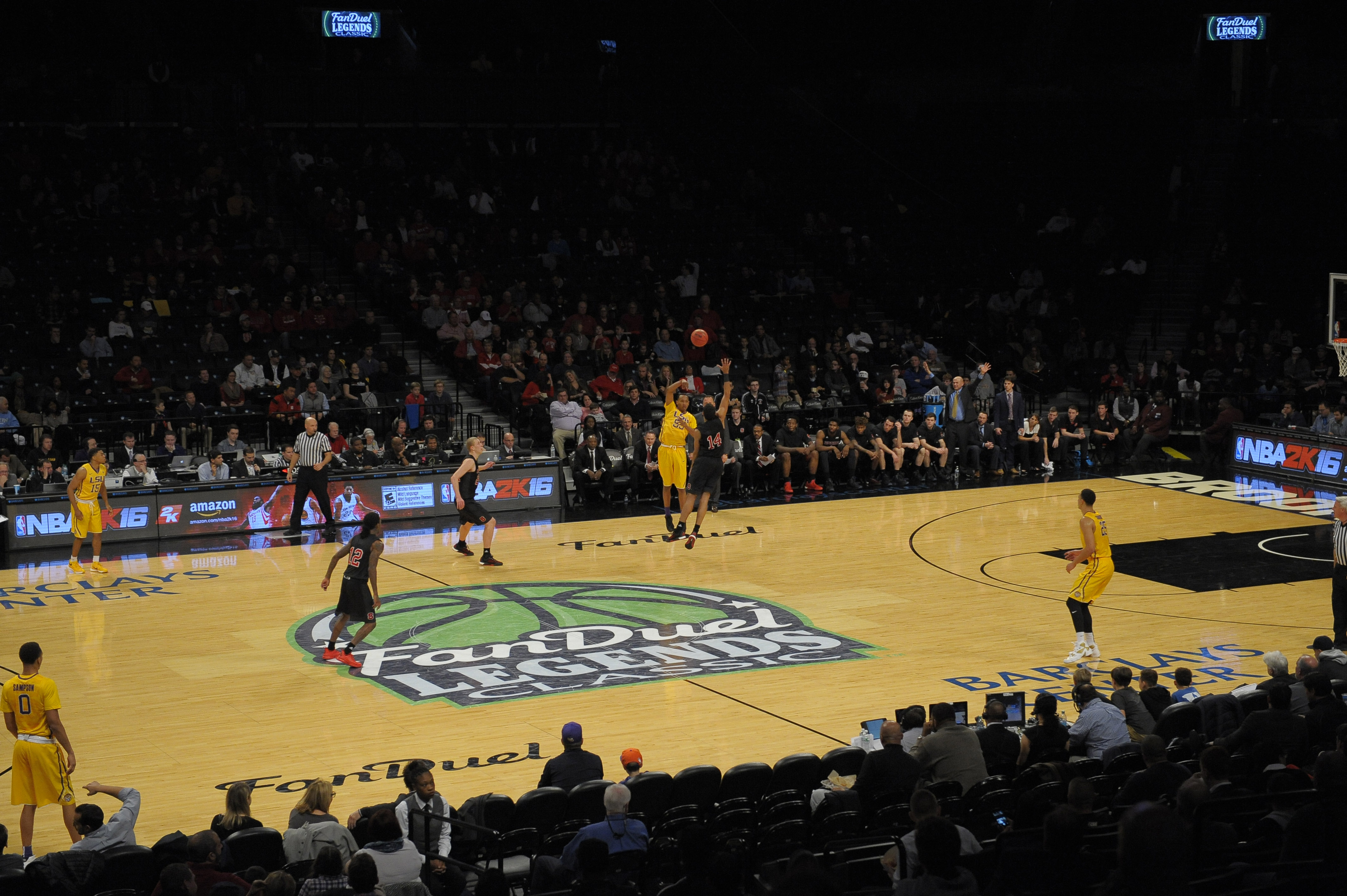NEW YORK, NY - NOVEMBER 24: Overall view of the FanDuel logo at the Legends Classic, played between the LSU Tigers and the North Carolina State Wolfpack at the Barclays Center on November 24, 2015 in the Brooklyn borough of New York City. FanDuel was the primary sponsor of the tournament. (Photo by Porter Binks/Getty Images)